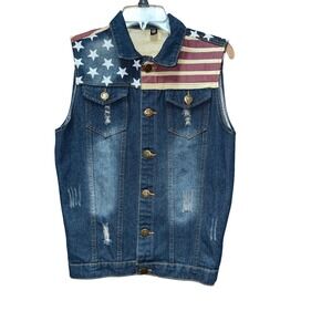 Tang Ku Mens L Dark Denim Distressed American Flag Vest Grunge Moto Y2K Festival